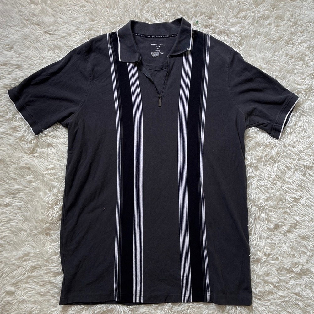Shaquille O'Neal XLG Mens 2XLT Gray Quarter Zip Vertical Stripe Polo Shirt